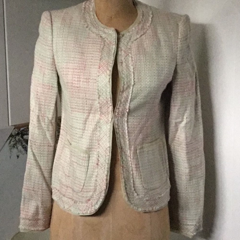 Mac & Jac Chanel style blazer, hook eye closure and pearl button cuffs